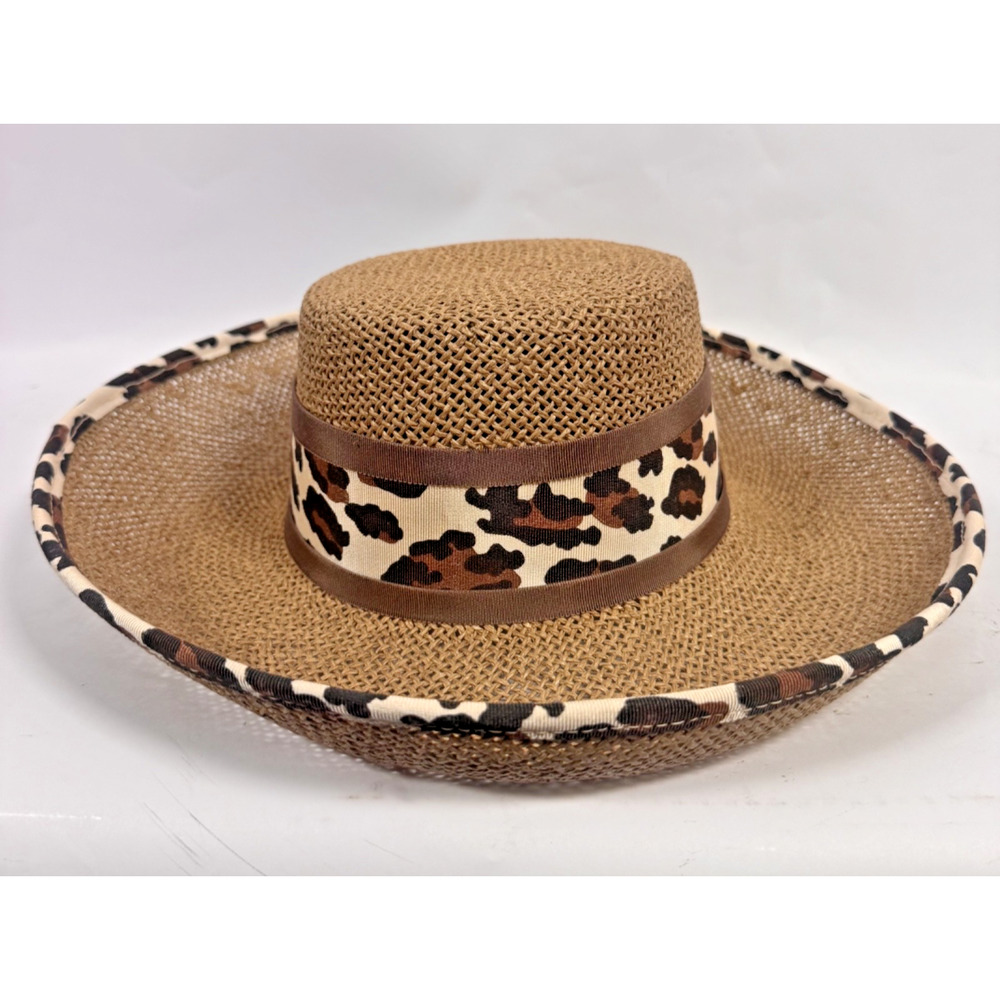 Vintage Sonni San Francisco Straw Hat Leopard Bow Wide Brim Made USA Women’s - Picture 3 of 5